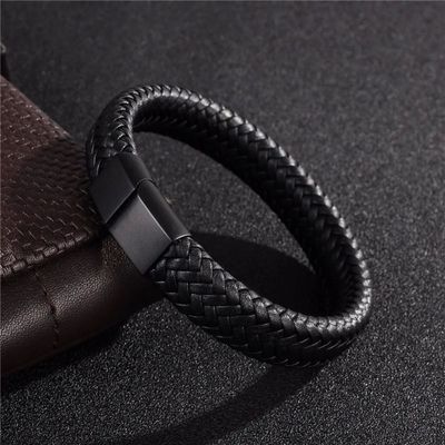 Retro Men's Leather Open Bangle, Simple Multi-Size Woven Lea