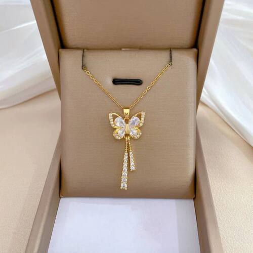 Exquisite Micro Inlaid Zircon Butterfly Tassel Necklace For