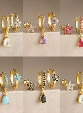 3PCS Stainless Steel Hoop Earrings Set for Women Luxury Crys