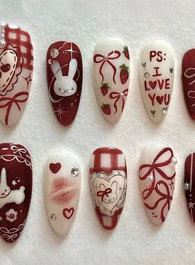 24PCS Medium Almond Press On Nails Wine Red Cute Cartoon Rab
