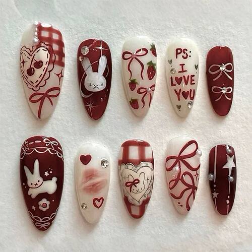 24PCS Medium Almond Press On Nails Wine Red Cute Cartoon Rab