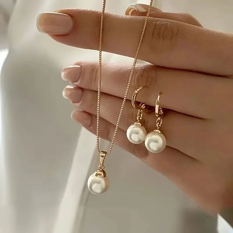 3 Pcs Round Pearl Jewelry Set Of Earring Pendant Necklace Fo