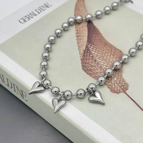 Y2K Triple Heart Charm Chunky Ball Chain Choker Necklace For