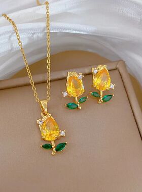 Fashion Yellow Crystal Tulip Flower Necklace Stud Earrings f