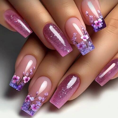 24pcs Press on Nails Flower Design Mid-length Ballet False N