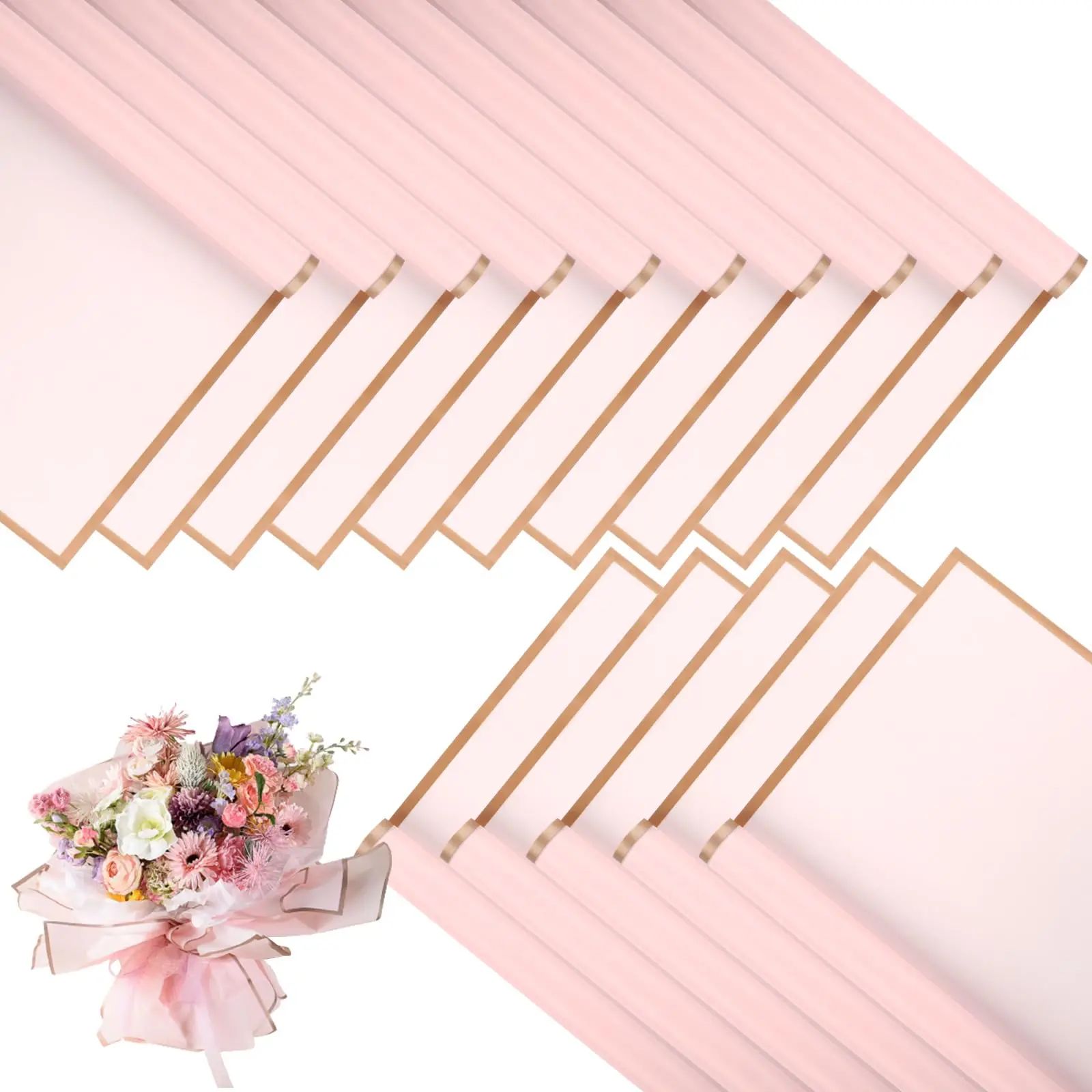 20 Sheets Pink Flower Wrapping Paper with Golden Edges, Wate