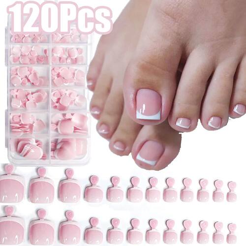 120Pcs Glossy Nude Pink French Press-On-Toenail Set 1*Box Sh