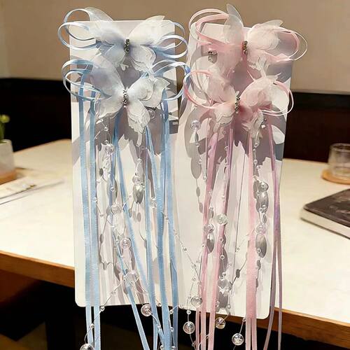 2Pcs Elegant Tulle Butterfly Hair Clips With Tassel Beads Fo