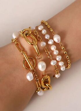 Uworld Elegant Natural Pearl 18K PVD gold plated Chain Brace