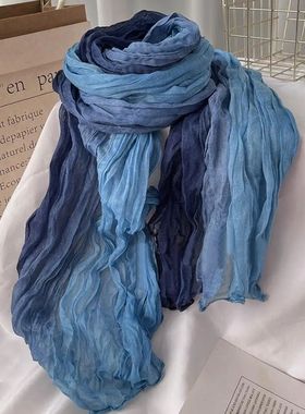 Scarf Cotton Hemp Gradient Blue Autumn Winter Retro Versatil