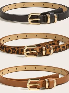 Retro Leopard Print Leather Thin Belt for Women Metal Buckle