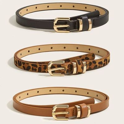Retro Leopard Print Leather Thin Belt for Women Metal Buckle