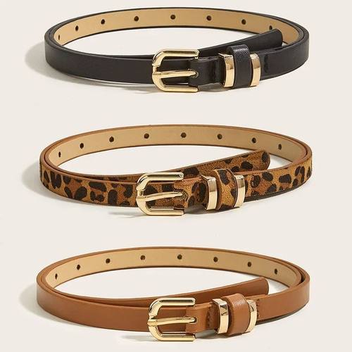 Retro Leopard Print Leather Thin Belt for Women Metal Buckle
