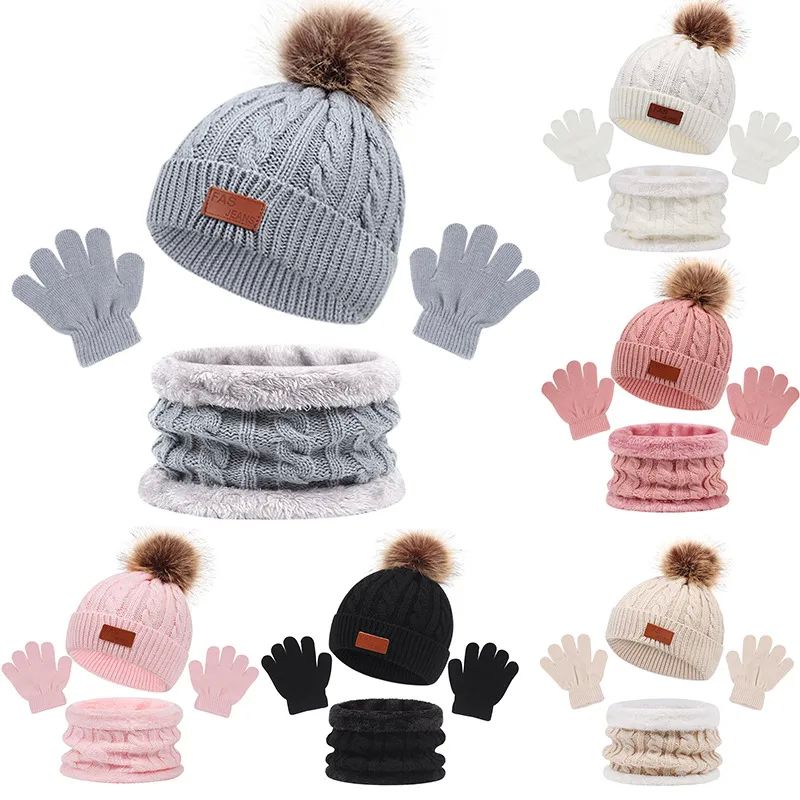 Children Winter Warm Suits Knitted Hat Scarf and Gloves Set