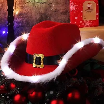 Santa Claus Party Christmas Luminous Cowboy Hat Western Red