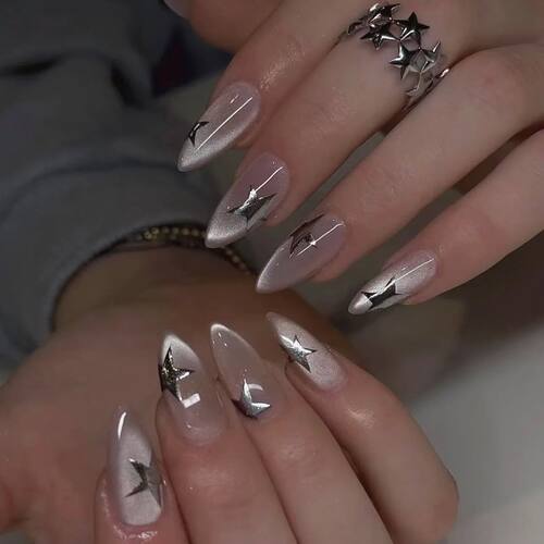 24pcs Glitter Short Almond Press on Nails Sets Finished Star