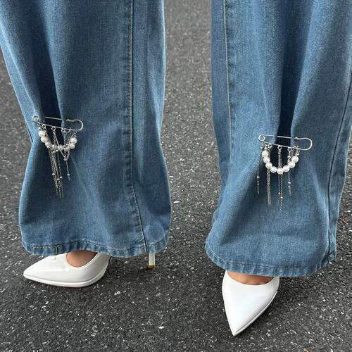 Retro Sweet Imitation Pearl Metal Chain Tassel Pendant Pin P