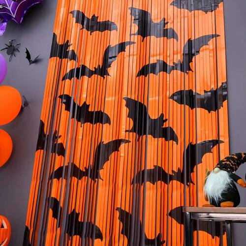 1Pc Black Bat Pattern Orange Foil Fringe Backdrop, Halloween