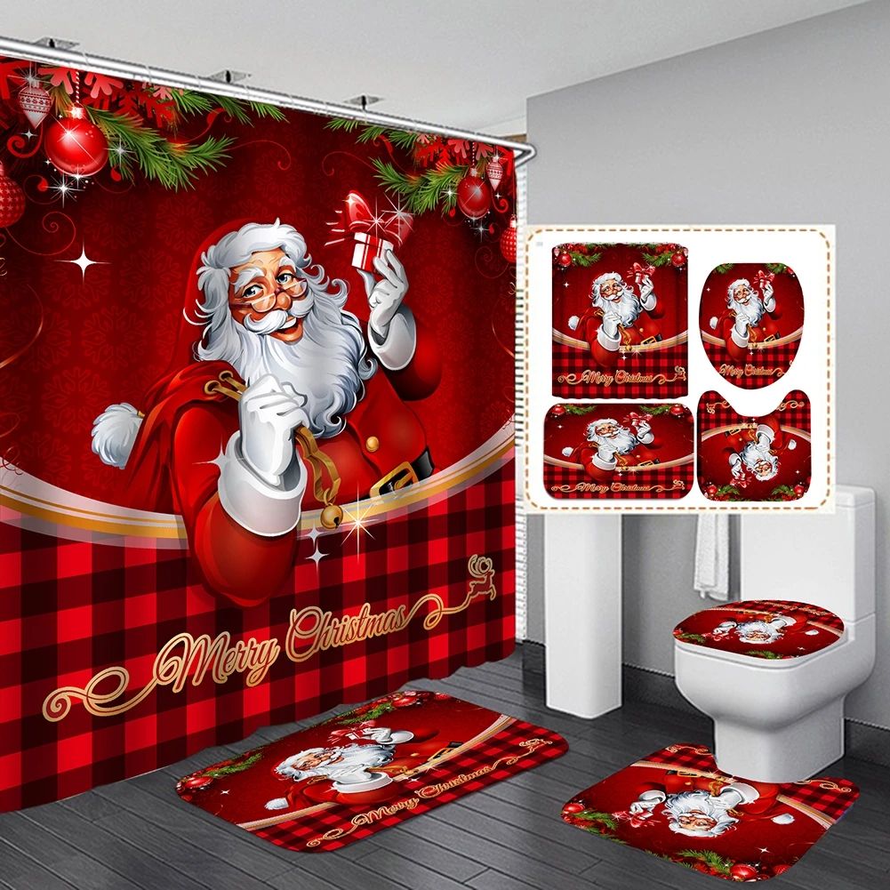 Christmas Bathroom Shower Curtain 4Pcs Set Snowman Santa Cla