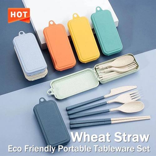 4Pcs Portable Tableware Set Wheat Straw Dinnerware Detachabl