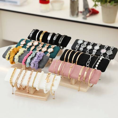 1pc Wooden Base T-Shaped PU Leather / Velvet Bracelet Displa