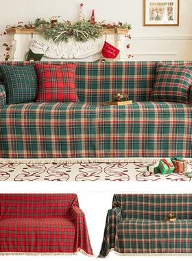 Christmas Plaid Couch Cover with Tassel Washable Sofa Covers