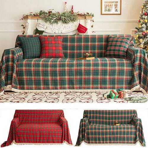 Christmas Plaid Couch Cover with Tassel Washable Sofa Covers