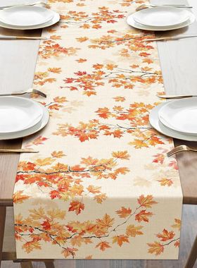 Fall Harvest Branches Maple Leaves Linen Table Runner Party