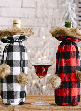 Christmas Festival Pompom Plaid Wine Bottle Set Red And Blac