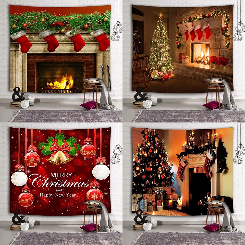 Home Decoration Christmas Tree Fireplace Printed Tapestry Li