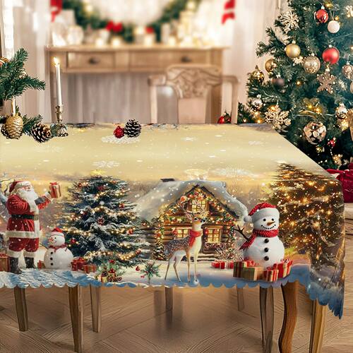 1Pc Vintage Khaki Christmas Tablecloth with Santa Claus Rein