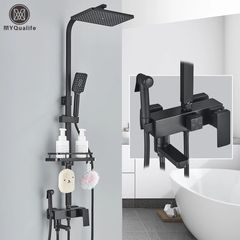 Black Brass Shower Faucet Set Rainfall Bathtub Tap With Bath