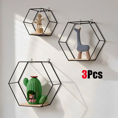 3Pcs Hexagon Shape Wall Floating Shelves for Living Room Bed