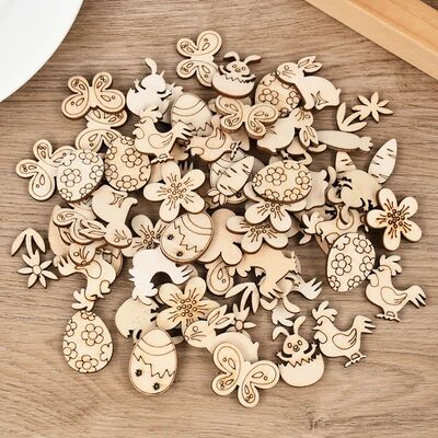 50/100pcs Easter Wooden Crafts Ornament Rabbit Eggs Kids Pai