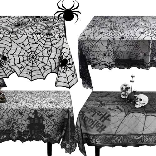 Halloween Lace Table Runner Black Spider Web Tablecloth Fire