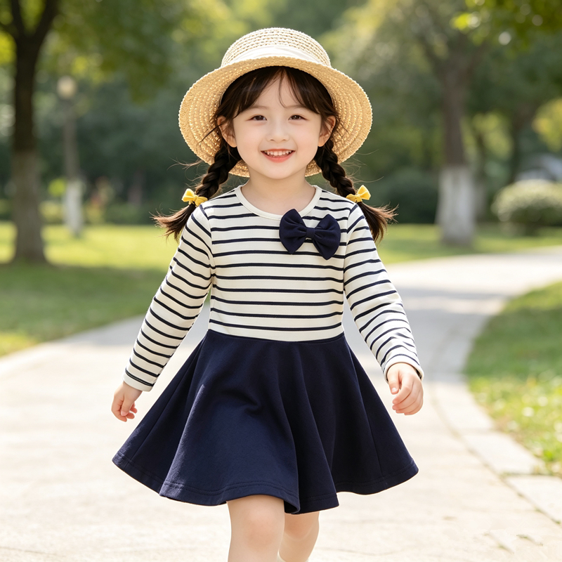 女童连衣裙2026新款长袖秋季条纹儿童裙子洋气女孩公主裙春秋裙子