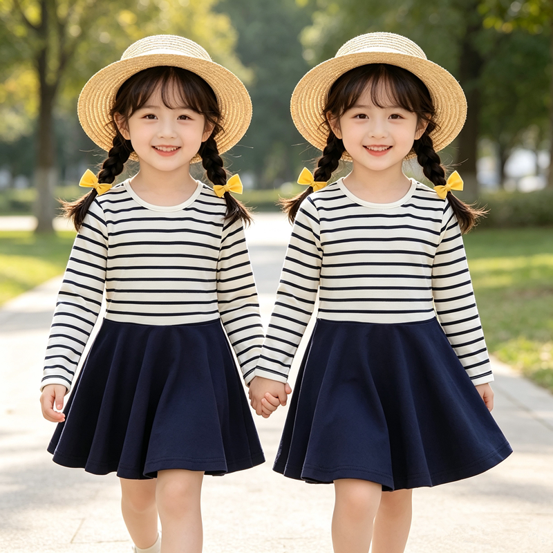 女童连衣裙春秋款2026新款长袖裙子儿童秋装公主裙小女孩洋气条纹
