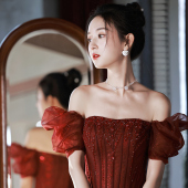 敬酒服新娘夏季 高端轻奢小众酒红色回门服高贵气质礼服订婚连衣裙