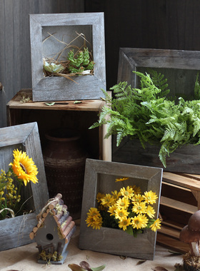 复古做旧花框创意花盆花器手工实木花园阳台装饰品ZAKKA杂货摆件