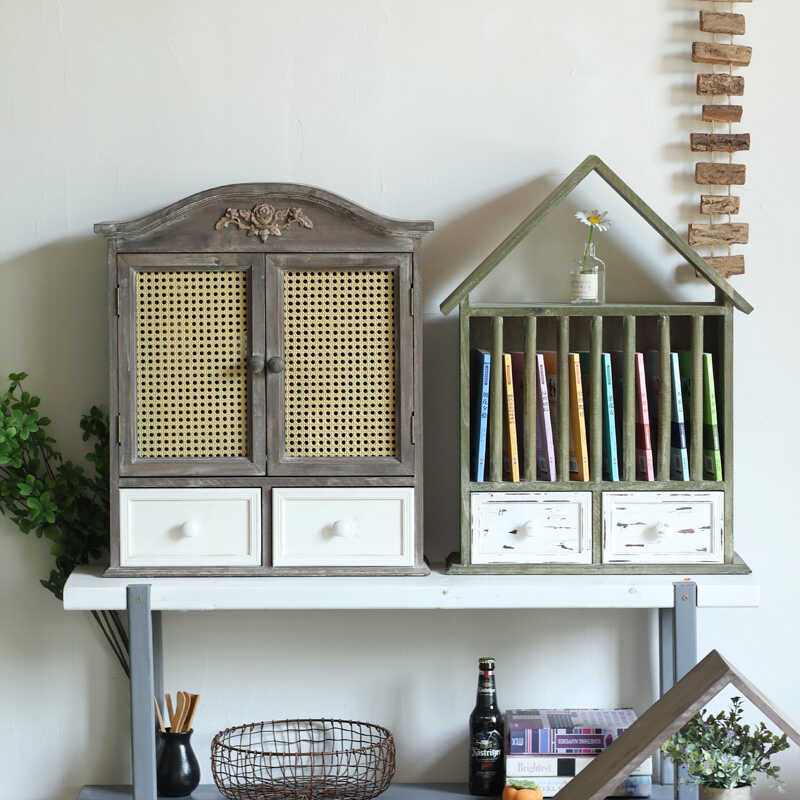 实木置物架儿童房书房装饰创意小房子收纳摆件复古做旧田园风欧式
