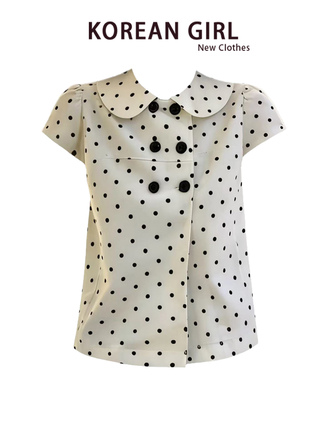 French Retro Polka Dot Doll Collar Short-Sleeved Shirt for Women 2026 Summer Korean Style Sweet Design Double-Breasted Top