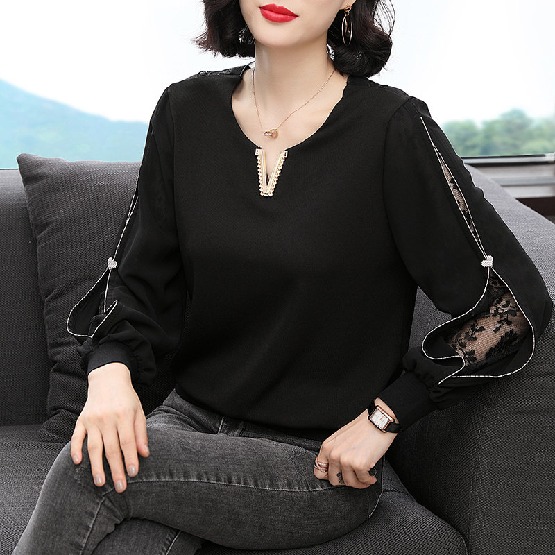 上衣女秋装2020新款年秋季中年妈妈蕾丝女装大码长袖t恤女打底衫