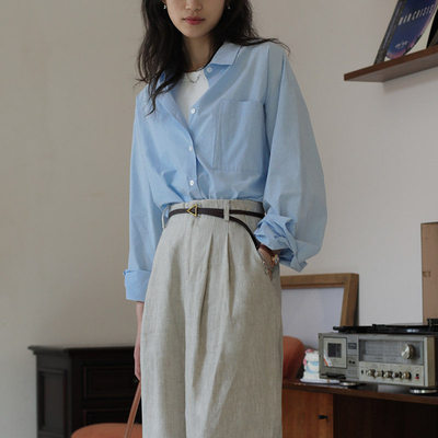 宽松简约长袖纯棉baby蓝衬衫