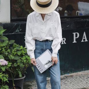 春秋古巴领纯棉长袖 中古法式 v领衬衣 小众设计感双口袋上衣 衬衫