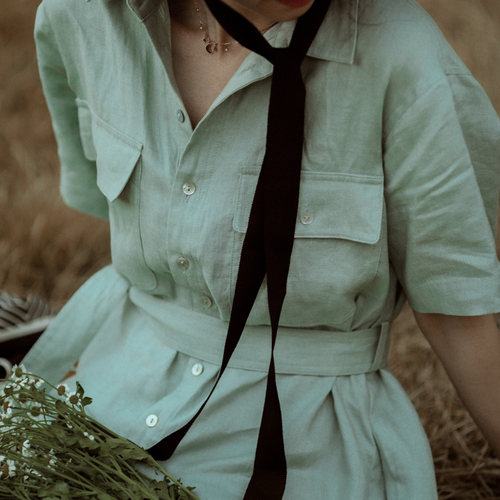 短裤法式腰带亚麻连体衣