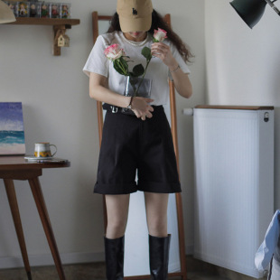 抗皱 日杂可卷边小男孩阔腿a字五分中裤 高腰复古英伦百慕大短裤 女