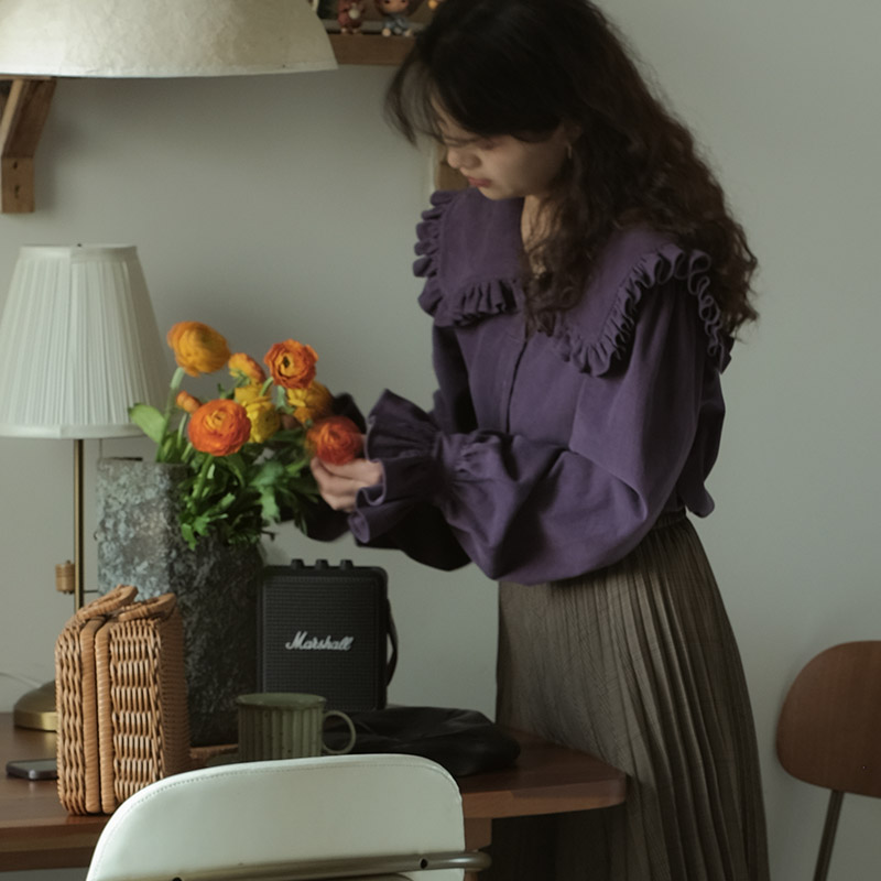 衬衫荷叶复古灯芯绒娃娃领长袖