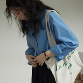 宽松高密纯棉长袖 扣叠穿上衣 复古翻领蓝衬衣双排袖 衬衫 小众经典