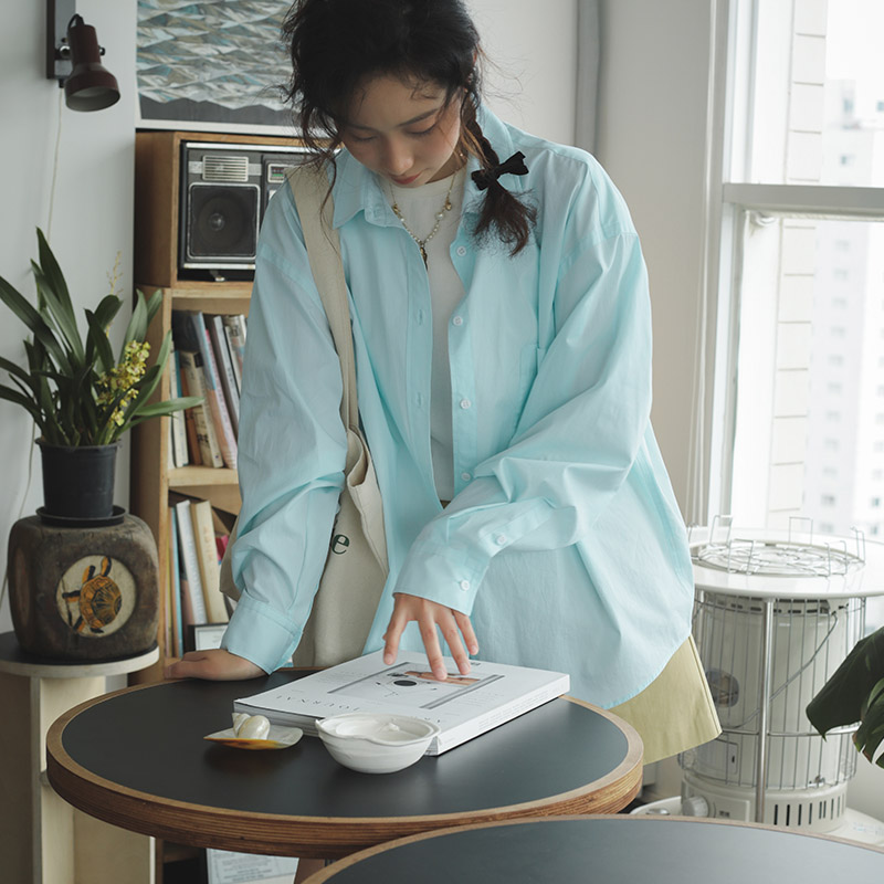 宽松韩版长袖纯棉薄荷蓝衬衫