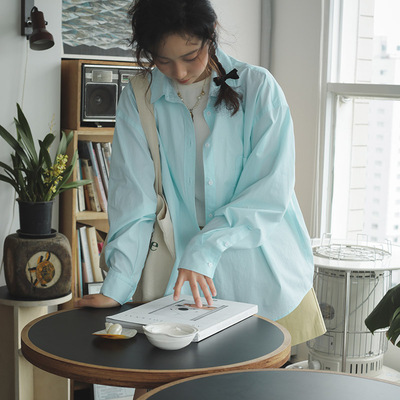 宽松韩版长袖纯棉薄荷蓝衬衫